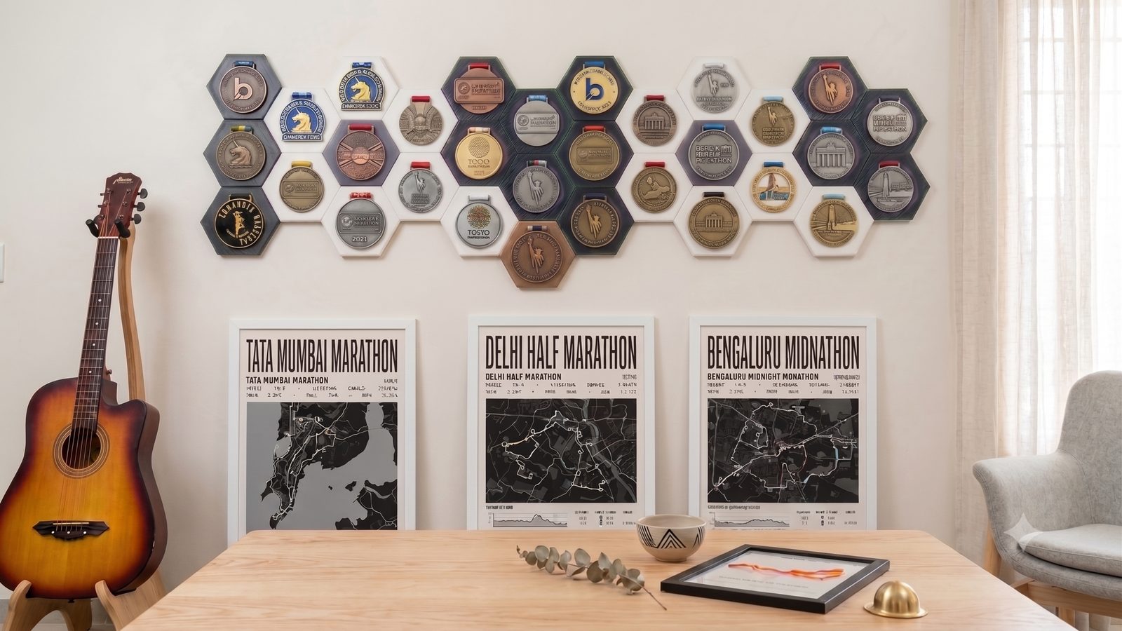 A honeycomb cluster of hexagonal medal frames on a living-room wall, filled with marathon finisher medals, above three framed race route posters resting on a wooden table beside an acoustic guitar.