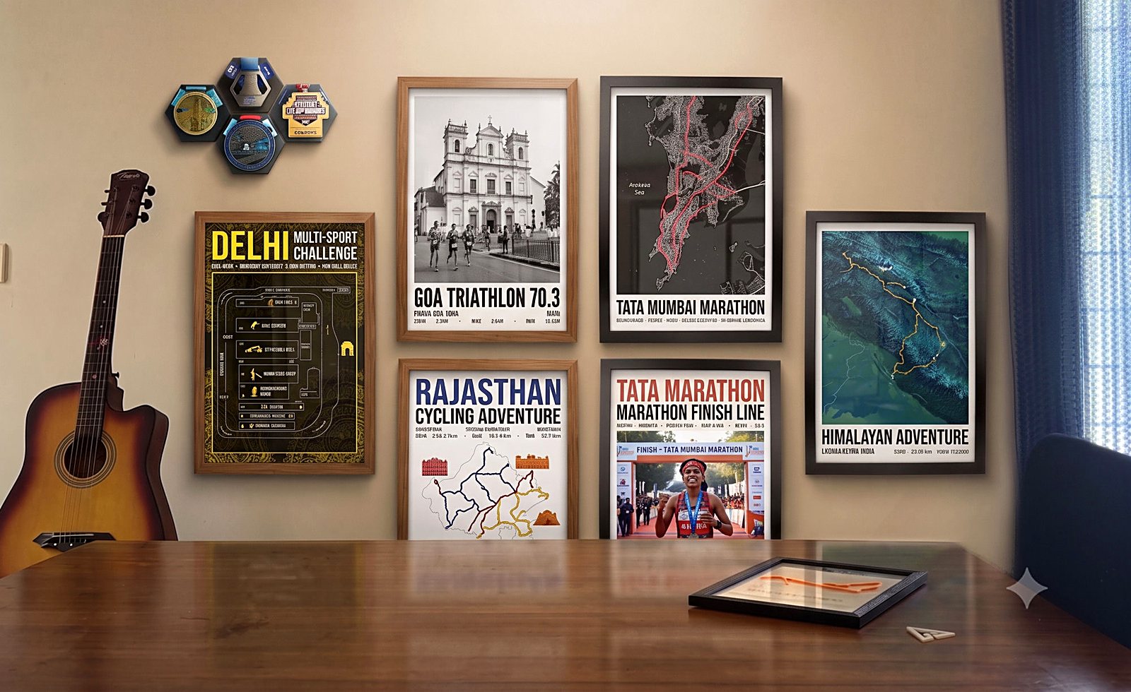 A finisher's wall of Indian races: framed posters for the Tata Mumbai Marathon, Goa Triathlon 70.3, Delhi Multi-Sport Challenge, Rajasthan Cycling Adventure and a Himalayan route, with a hexagonal medal display and a 3D-printed race route in a black frame on the desk.
