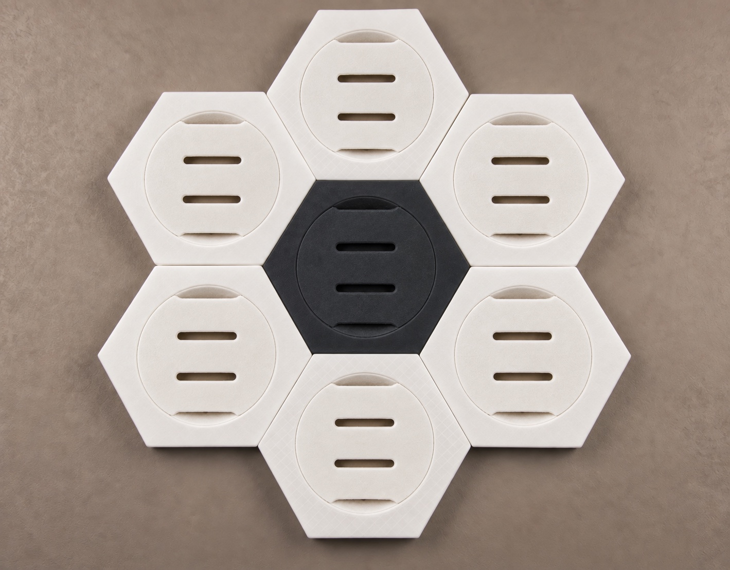 Seven empty hexagonal Medal Frames: one black centre frame and six surrounding white frames.