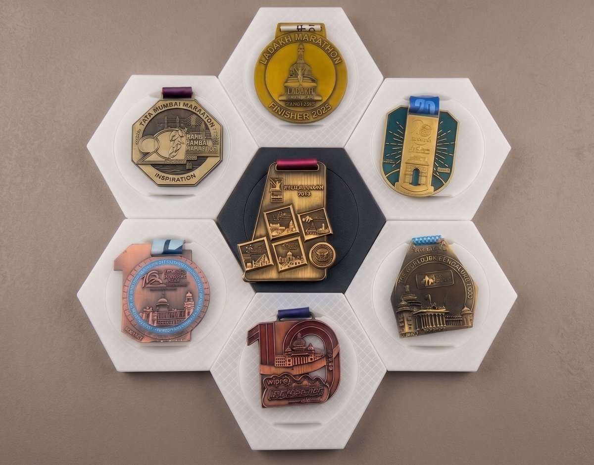 Seven hexagonal medal frames fitted flush in a honeycomb: one black centre and six white, each displaying a medal.