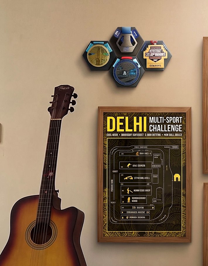 A hexagonal medal holder on the wall beside an acoustic guitar and a Delhi Multi-Sport Challenge poster, holding four race medals by their ribbons.